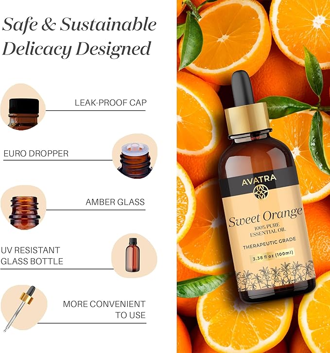Avatra Brazilian Sweet Orange Essential Oil 100ml (3.38oz) - 100% Pure & Natural Orange Oil with Glass Dropper & Travel Bottle - Premium Essential Oil for Diffuser, Aromatherapy, Massage & DIY Candles