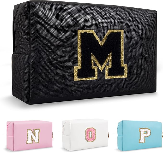 Small Travel Initial Preppy Makeup Bag, Personalized Black Cute Cosmetic Zipper Pouch Chenille Letter Travel Toiltery Bag, Waterproof PU Leather Makeup Case Storage Gift for Mom Women Female(Letter M)