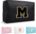 Small Travel Initial Preppy Makeup Bag, Personalized Black Cute Cosmetic Zipper Pouch Chenille Letter Travel Toiltery Bag, Waterproof PU Leather Makeup Case Storage Gift for Mom Women Female(Letter M)