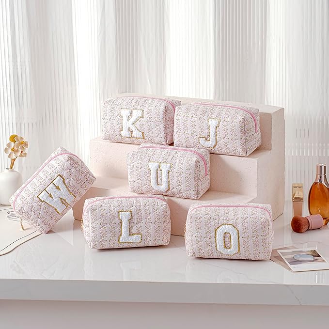 JOVAKIT Makeup Bag Cosmetic Bags for Women, Christmas Gifts for Girls Age 6-18, Alphabet Pink Floral Coquette Zipper Travel Makeup Pouch, Organizer Case Trendy Stuff (Pink Floral J)