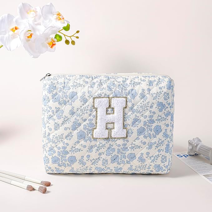 Alphabet Makeup Bag Cosmetic Bag for Women, Christmas Gifts for Age 11-18, Personalized Floral Coquette Travel Bag, Trendy Stuff Zipper Make Up Pouch Organizer Bag (Blue Floral H)