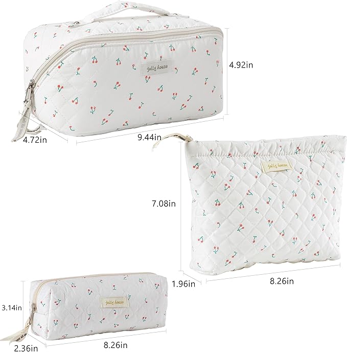 HBselect Quilted Makeup Bag, 3PCS Cotton Large Travel Makeup Bag, Cute Floral Coquette Make up Bag Cosmetic Bag Toiletry Bag for Women Girls