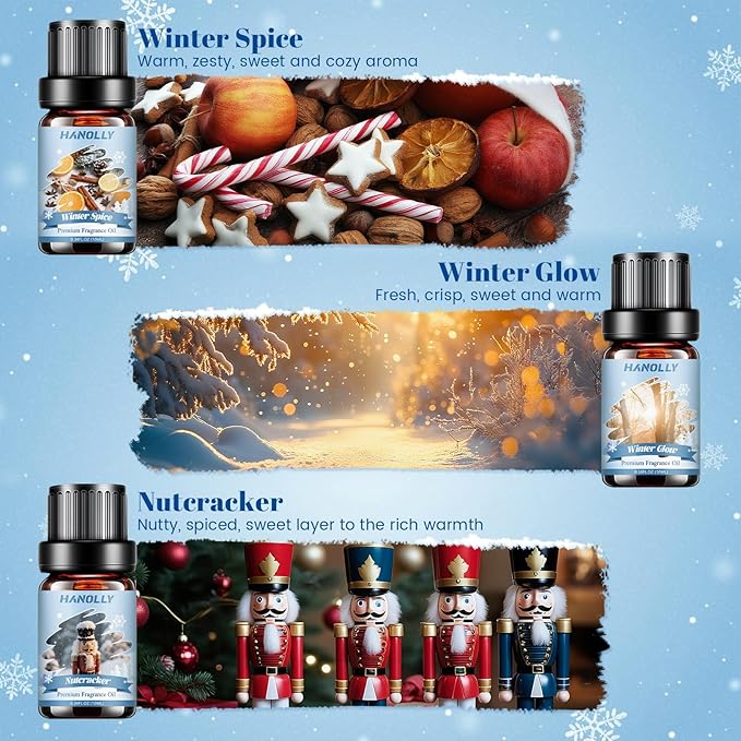 Winter Fragrance Oil Set, 6 Premium Holiday Essential Oils Set for Diffuser, Candle Making - Winter Spice, Winter Glow, Nutcracker, Warming Cashmere, Vanilla Pinecones, Snowkissed Lodge Scented Oil