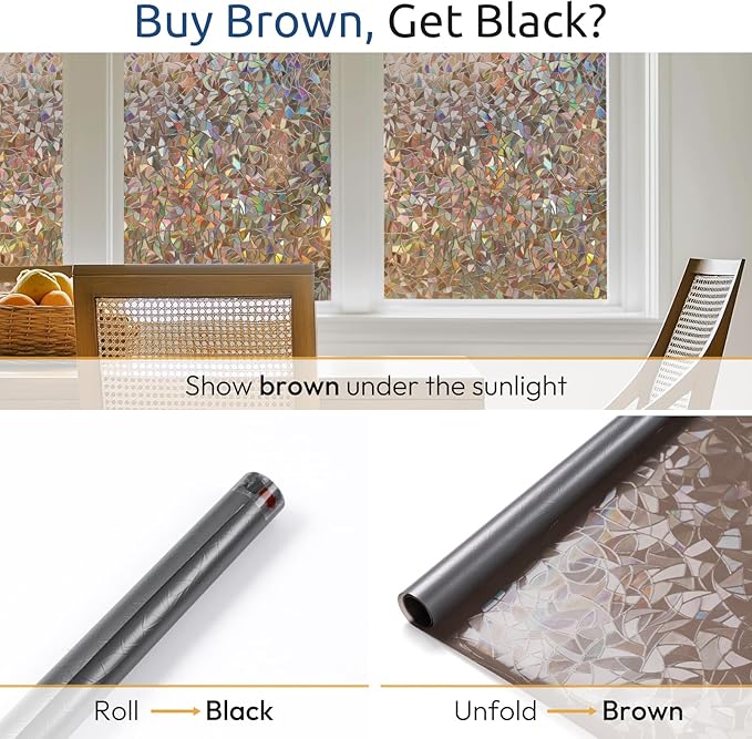 rabbitgoo Window Privacy Film Rainbow Film Decorative Window Sticker, 3D Static Stained Glass Cling Tint for Home Heat Control Non-Adhesive, Brown, 23.6 x 118.1 inches