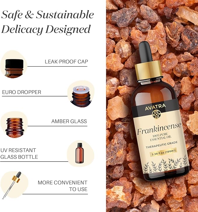 Avatra Frankincense Essential Oil 100ML (3.38 OZ) with Glass Dropper and Travel Bottle, Pure and Natural Therapeutic Grade Frankincense Oil for Diffuser, Aromatherapy, Massage, and DIY Candle Products