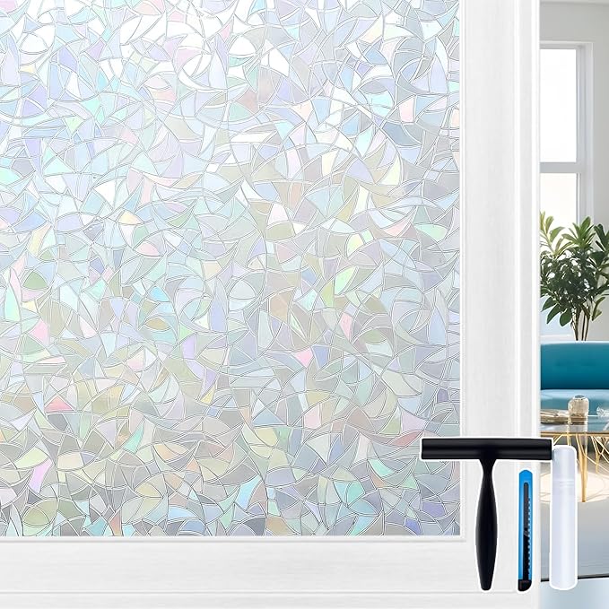 Volcanics Rainbow Window Privacy Film with Installation Tools, Decorative Stained Glass Window Film, Static Cling Heat Control Window Tinting Film Stickers, Grayish Silver, 23.6 x 78.7 inches