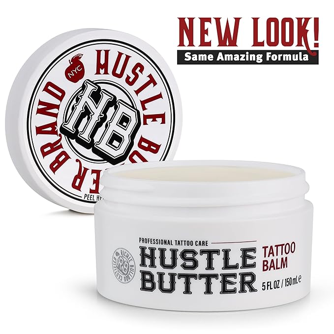 Hustle Butter Tattoo Aftercare 5oz Tattoo Balm, Heals + Protects New Tattoos and Rejuvenates Older Tattoos - 100% Vegan Cream No-Petroleum