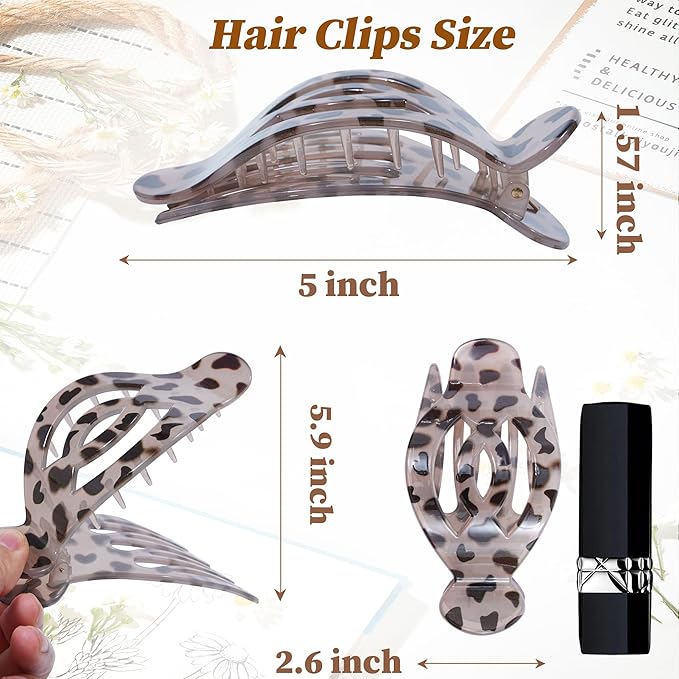 AWAYTR 6Pcs Upgrade Large Flat Hair Claw Clips for Women Girls, 5" Non-slip Duckbill Hair Clips for Long, Thick, Thin Hair, Comfortable for Driving & Lying Down (Glossy (Leopard Print))