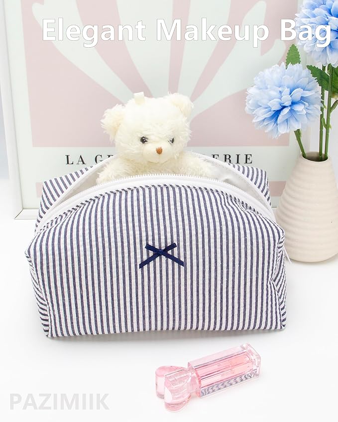 PAZIMIIK 6PCS Cozy Makeup Bag Small Aesthetic Travel Zipper Cosmetic Pouch for Women Make Up Beauty Accessories Brushes, Stripe Navy Blue