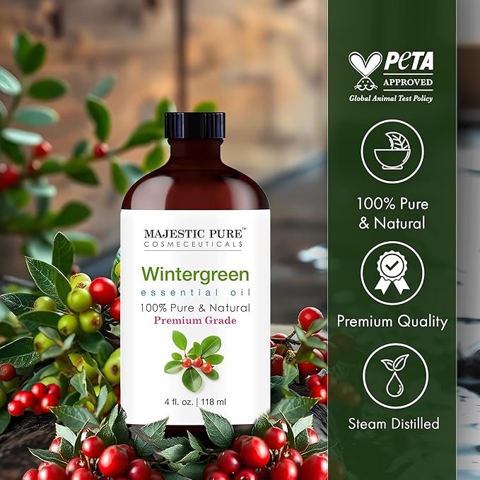 Majestic Pure Wintergreen Essential Oil with Glass Dropper - 4 Fl Oz - 100% Pure and Natural Wintergreen Oil - Premium Grade Essential Oils for Diffuser, Aromatherapy, Soap and Candle Making