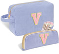 Personalized Initial Makeup Bag Trendy Stuff Corduroy Cosmetic Bag Travel Toiletry Bag, Christmas/Thanksgiving/Halloween Gifts Makeup Organizer Case for Women Girls Mom Girlfriend Wife - Blue