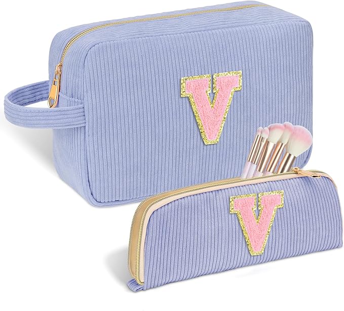 Personalized Initial Makeup Bag Trendy Stuff Corduroy Cosmetic Bag Travel Toiletry Bag, Christmas/Thanksgiving/Halloween Gifts Makeup Organizer Case for Women Girls Mom Girlfriend Wife - Blue
