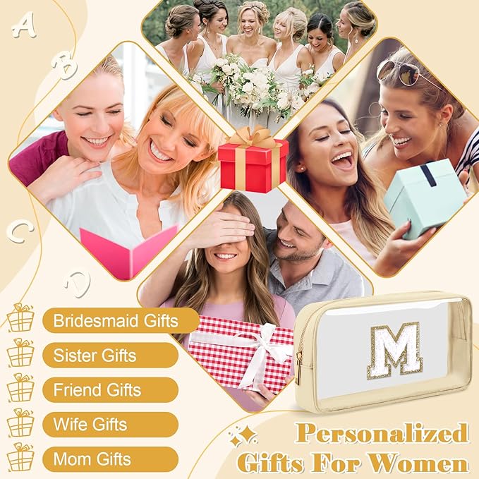 Personalized Initial Letter Clear Makeup Bag,Preppy Small Nylon&PVC Cosmetic Zipper Bag with Chenille Letter,Portable Beach Travel Skincare Toiletry Bag,Trendy Monogram Gift for Teen Girls Women,M