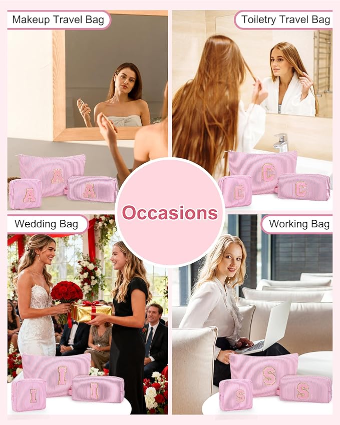 MONSTINA Travel Makeup Bags for Women,Make Up Pouch for Girlfriend Bridesmaid Wife,Birthday Gift for Her Cute Monogram Cute Initial Toiletry Bag Set,3PCS Pink H