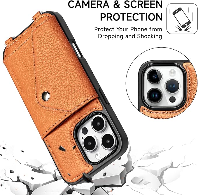 LUCKYCOIN Crossbody Wallet Phone Case for iPhone 16 Pro Max,100% Genuine Leather Wallet Phone Case with Expandable Flip Card Holder,Phone Purse for Women with Adjustable Removable Strap - Pebble Brown
