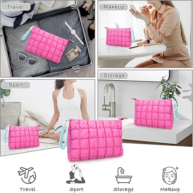 DOB SECHS Puffer Quilted Makeup Bag with Handle, Cute Puffy Cotton Cosmetic Bags for Women, Checkered Toiletry Zipper Pouch, Travel Essentials Storage Organizer Clutch Pouches Pencil Case, Hot Pink