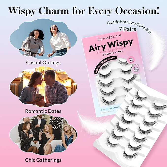 Bepholan False Eyelashes 5-13mm 7 Pairs Eyelashes Natural Look Wispy Lashes Strip Reusable Thin Clear Band & Soft Fake Lashes Easy to Apply (W08)