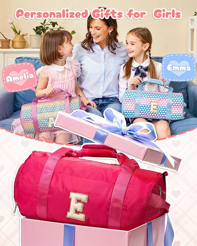Gifts for Teen Girl, Girls Travel Duffel Bag, Kids Initial Overnight Bags with Shoe Compartment, Customized Sport Gym Weekender Bag with Makeup Pouch, Stocking Stuffers for Kid (Letter M)
