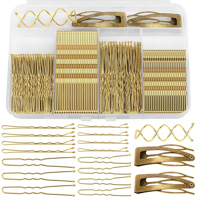 Bobby Pins Set Gold – Hair Accessories Kit for Women & Girls with Bobby Pins, U Shape & Spiral Pin, Perfect for Weddings, Styling, Updos & Buns