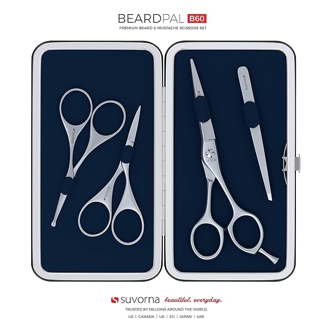 Suvorna Premium Beard & Mustache Set with Beard scissors for men - Facial Hair/Nose/Eyebrow Scissors - Slant Tweezers (4 Pcs Dark Blue)