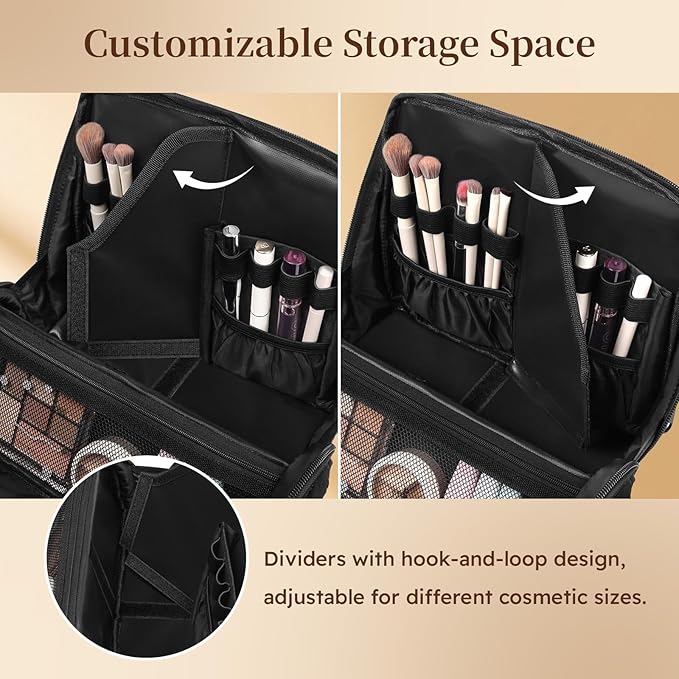 MOKURA Quilted Makeup Bag, Large Capacity Cosmetic Bag with Jewelry Organizer, Portable Make up Pouch, Waterproof Travel Toiletry Case with Compartments, Gifts for Women Girls, Black