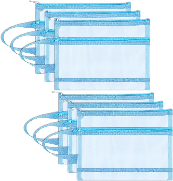 6 Pack Mesh Zipper Pouch Bags, Double Layer Nylon Pouch with Handle for Office Travel Organization (Blue, A5)