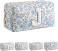 JOVAKIT Alphabet Makeup Bag Cosmetic Bag for Women, Christmas Gifts for Girls Age 6-18, Floral Flowers Coquette Travel Toiletry Zipper Make Up Pouch Organizer Trendy Stuff (Blue Floral J)