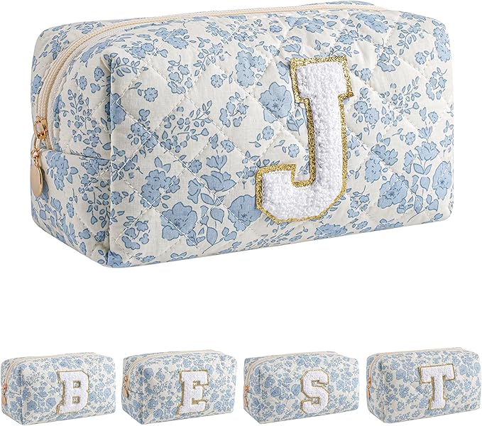 JOVAKIT Alphabet Makeup Bag Cosmetic Bag for Women, Christmas Gifts for Girls Age 6-18, Floral Flowers Coquette Travel Toiletry Zipper Make Up Pouch Organizer Trendy Stuff (Blue Floral J)
