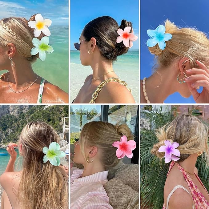 Flower Hair Clips 6 PCS Hawaiian Claw Clips for Vacation Hibiscus Hair Claw Clips Cute Large Hair Clips for Thick and Thin Hair Plumeria Hair Accessories for Women Girls - Hawai