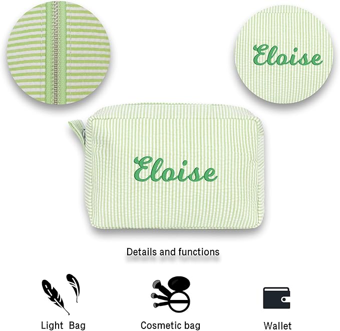 MT WORLD Personalized Makeup Bag Cute Cotton Cosmetic Bag for Women Seersucker Bridesmaid Travel Makeup Bag for Girls Aesthetic Toiletry Bag Organizer Storage Pouch (Green)