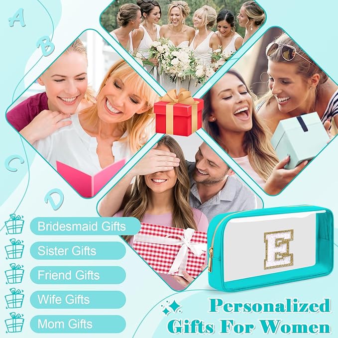 Personalized Initial Letter Clear Makeup Bag,Preppy Small Nylon&PVC Cosmetic Zipper Bag with Chenille Letter,Portable Beach Travel Skincare Toiletry Bag,Trendy Monogram Gift for Teen Girls Women,E