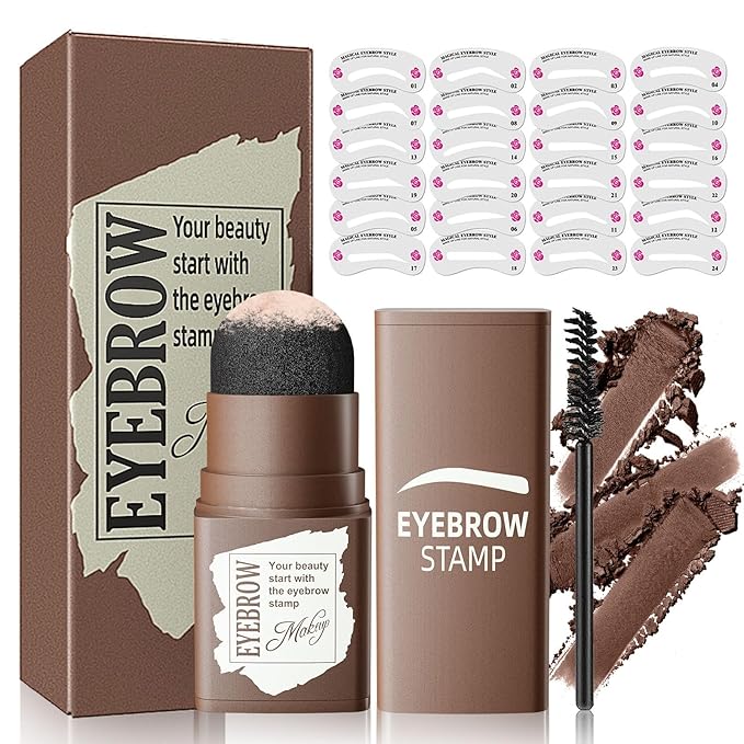 Eyebrow Stamp Stencil Kit - Eyebrow Powder with Brush Long-Lasting & Waterproof Brow Shaping Kit with 24 Reusable Thin & Thick Eyebrow Stencils for Natural Eyebrow Color (Dark Brown)
