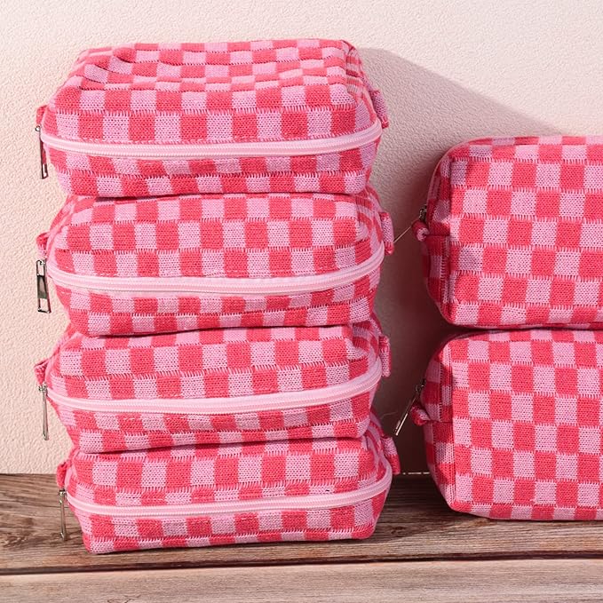 SOIDRAM Checkered Makeup Bag Preppy Cosmetic Bag Bulk Pink Makeup Pouch Personalize Travel Toiletry Bag Organizer Cute DIY Makeup Brushes Storage Bag for Women