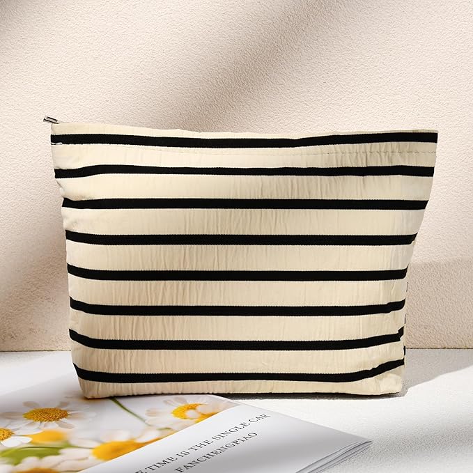 SOIDRAM 2 Pieces Makeup Bag Large Stripe Cosmetic Bag Capacity Canvas Mix Travel Toiletry Bag Organizer Cute Makeup Brushes Aesthetic Accessories Storage Bag for Women, Stripe Mix White