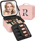 Relavel Initial Makeup Bag with LED Mirror for Women Girls, Personalized Travel Cosmetic Organizer Train Case, Birthday Gifts for Grandkids Bridesmaid Graduation Teacher Friends, Trendy Stuff, Pink R