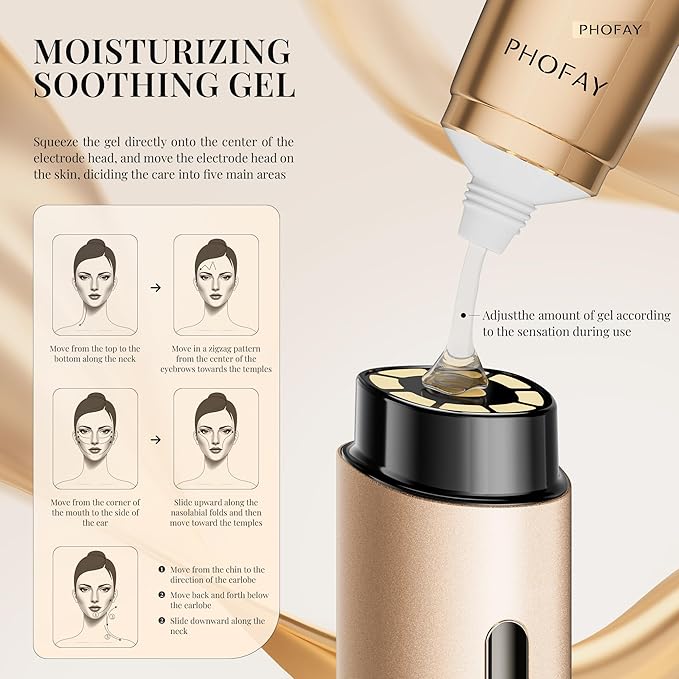 PHOFAY 4-in-1 Facial Device, 1.4oz Matching Gel. Multi Functional Beauty Device, Lifting, Firming, Puffiness Reduction and Promote Absorption & Soothing Care Calm Skin, Youthful Glow (Golden)