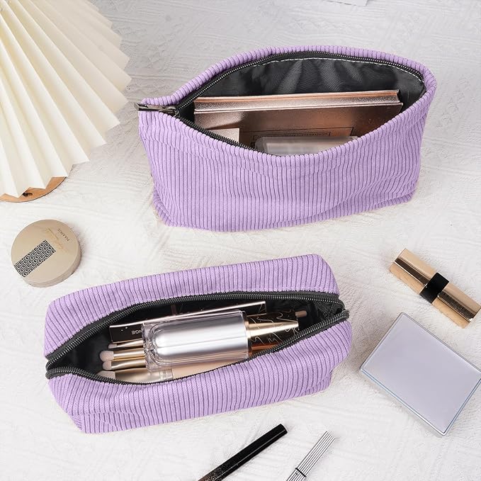 MAGEFY Small Makeup Bag 2 PCS Corduroy Make up Bag for Purse Large Capacity Travel Cosmetic Bag for Women Zipper Makeup Pouch for Travelling Preppy Stuff - Purple