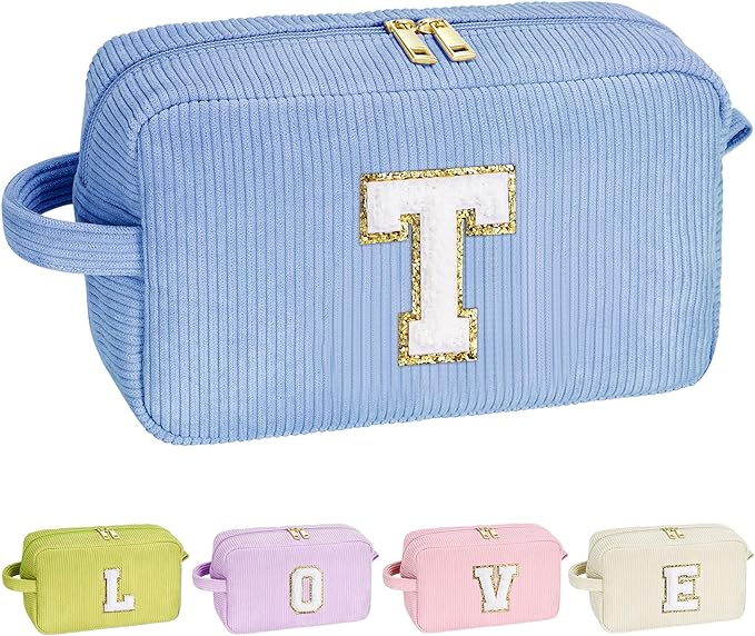 YOOLIFE Monogram Travel Makeup Bag - Initial Make Up Bag Cosmetic Bag Makeup Brush Bag Makeup Pouch Travel Essentials Cute Makeup Bag Girlfriend Sister Gifts Bridesmaid Gifts for Women Her Letter T