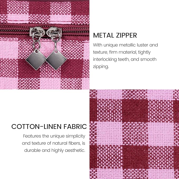 FAELBATY Makeup Bag Large Checkered Fabric Toiletry Organizer Bag for Women Girls (Rose Red)