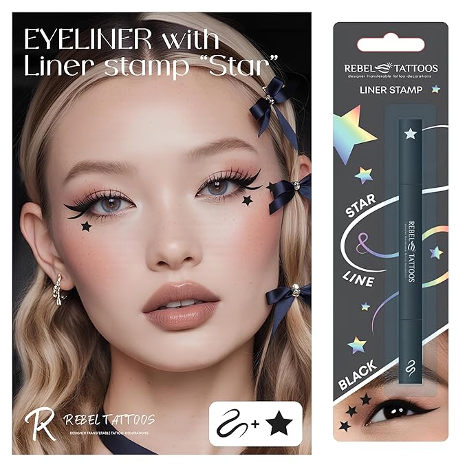 2-in-1 Eyeliner Stamp, Pigmented Intense Black Formula, Smudge-Budge Proof, Sweatproof, 24 Hour Stay Eyeliner Stamp Star Butterfly or Heart (Black Star)