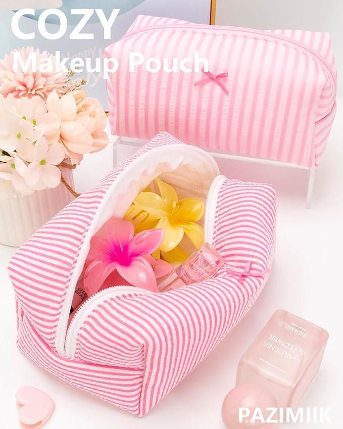 PAZIMIIK 6PCS Cozy Makeup Bag Small Aesthetic Travel Zipper Cosmetic Pouch for Women Make Up Beauty Accessories Brushes, Stripe Hotpink