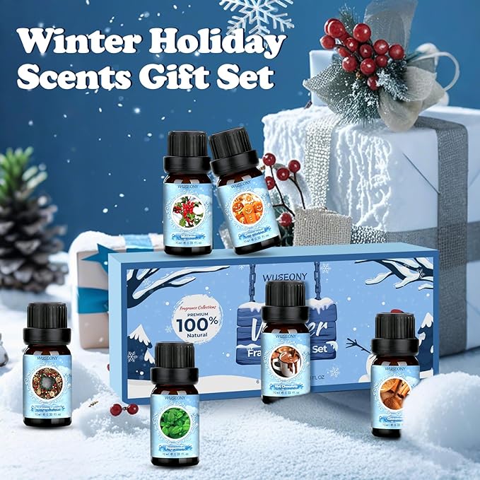 Winter Essential Oil for Diffusers Home, Holiday Fragrance Oils Set, Scented Oil Gift Set for Candle Soap Making - Christmas Wreath, Gingerbread, Mistletoe, Peppermint, Cinnamon, Hot Chocolate