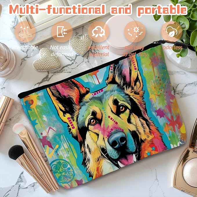 Cosmetic Bags Travel Makeup Toilet Case Waterproof Pouch for Women Girls 6.7X9.45inches - German Shepherd in A Color - Splashed Artistic Background