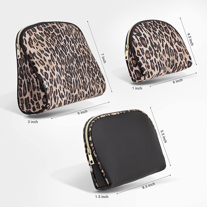 3 Pc Cosmetic Bag Set, Purse Size Makeup Bag for Women,Toiletry Travel Bag, Makeup Organizer,Cosmetic Bag for Girls Zippered Pouch Set, Large, Medium, Small (Brown and Black Leopard)