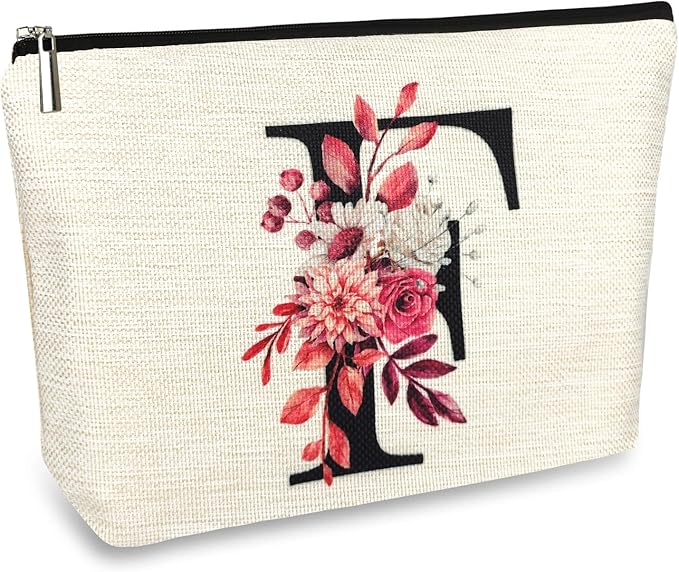 Initial A-Z Personalized Floral Makeup Bag, Monogrammed Birthday Gifts for Women Mom, Mothers Day Christmas Gift Ideas for Best Friend, Bride Bridesmaid, Her, Grandma, Small Travel Cosmetic Bag (F)