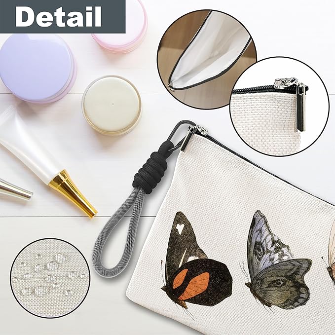 Make Up Bag For Woman, Cosmetic Bag With Hand Strap - Vintage Butterflies - Lined Toiletry Bag - Retro Theme Pouch, Butterfly Organizer With Zipper, Women Essentials & Accessories - B04