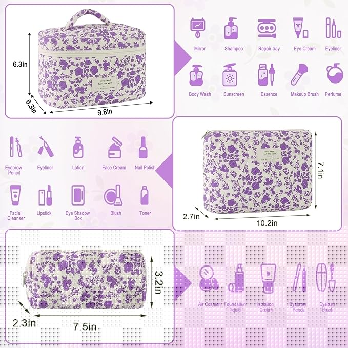 3Pcs Cotton Quilted Makeup Bag for Women Girls Large Small Travel Portable Cosmetic Bag Set Cute Purple Floral Zipper Make Up Pouch Coquette Aesthetic Storage Toiletry Organizer Case