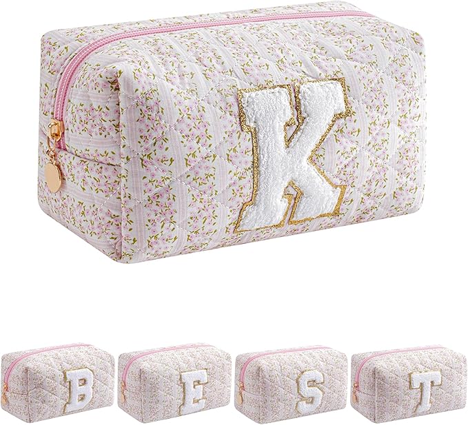 JOVAKIT Makeup Bag Cosmetic Bags for Women, Christmas Gifts for Girls Age 6-18, Alphabet Pink Floral Coquette Zipper Travel Makeup Pouch, Organizer Case Trendy Stuff (Pink Floral K)