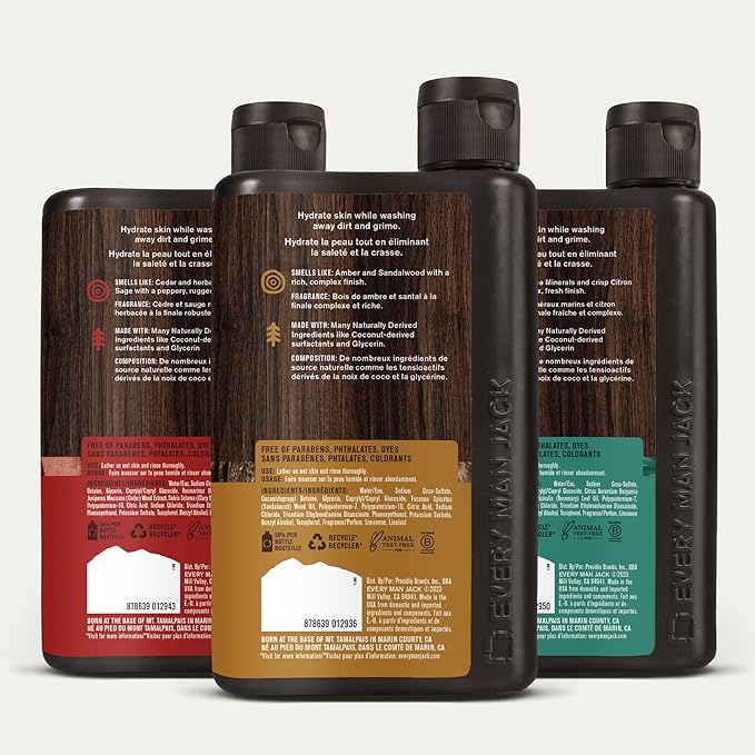 Every Man Jack Men's Body Wash Variety Pack - Includes 3 Body Washes with Natural Ingredients & Incredible Scents - Amber + Sandalwood, Cedar + Red Sage, Sea Minerals + Citron Fragrances (3 Pack)