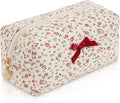 Makeup Bag Travel Toiletry Bag for Women, Small Cosmetic Bags Cute Quilted Cotton Makeup Pouch for Purse Emergency Bag for School Floral Pencil Case Accessory Bag, Tie Bow